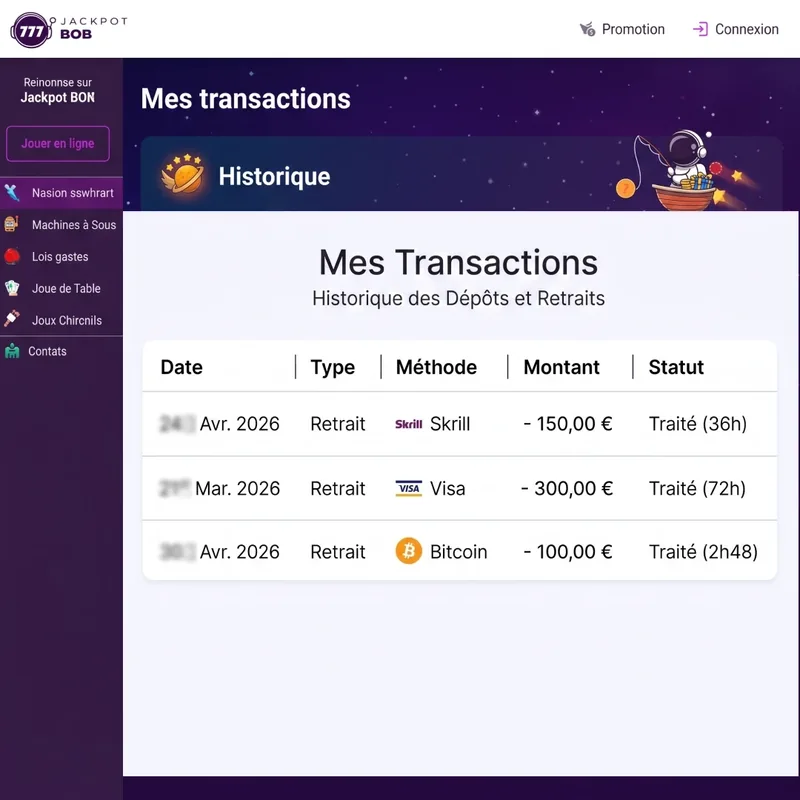 Historique des retraits sur Jackpot Bob Casino montrant des transactions Skrill, Visa et Bitcoin avec leurs délais de traitement