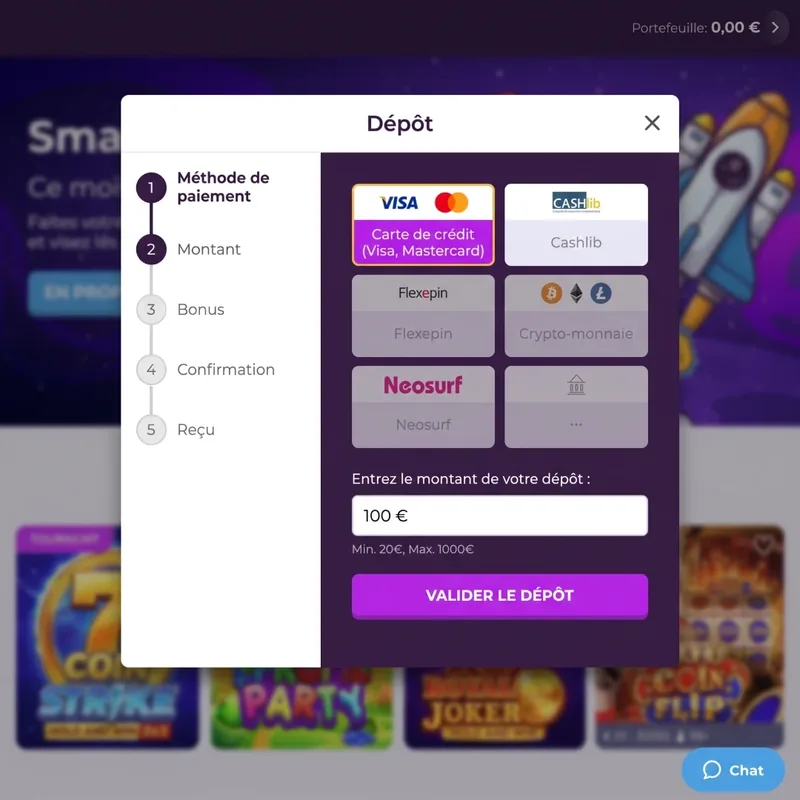 Interface de dépôt de Jackpot Bob Casino avec les méthodes de paiement Visa, Skrill, Bitcoin et virement SEPA